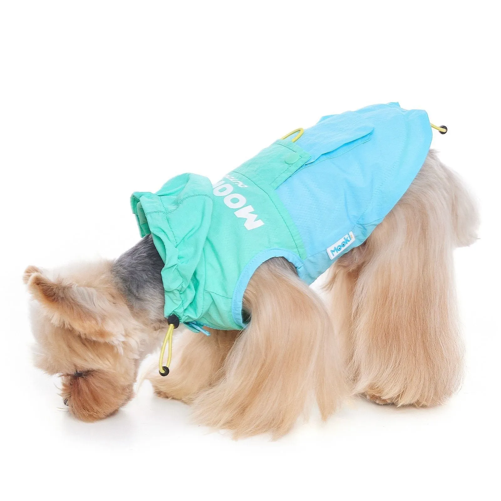 Mookipet 100% nylon dog sun protection vest in blue and green, side view showing traction point, for small dogs sizes XXS to XXL