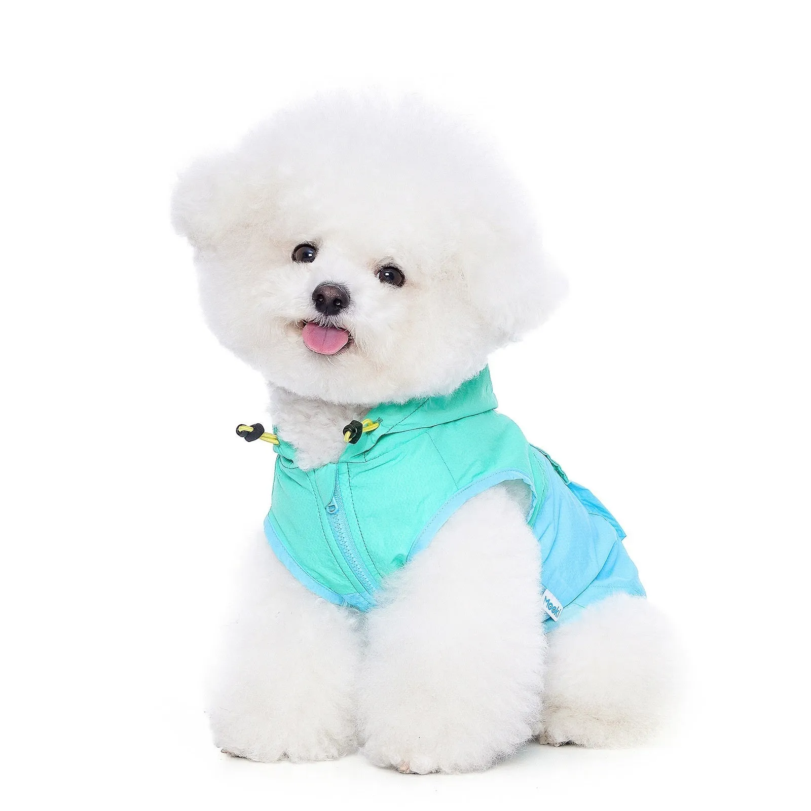 Mookipet 100% nylon dog sun protection vest in blue and green, side view showing traction point, for small dogs sizes XXS to XXL