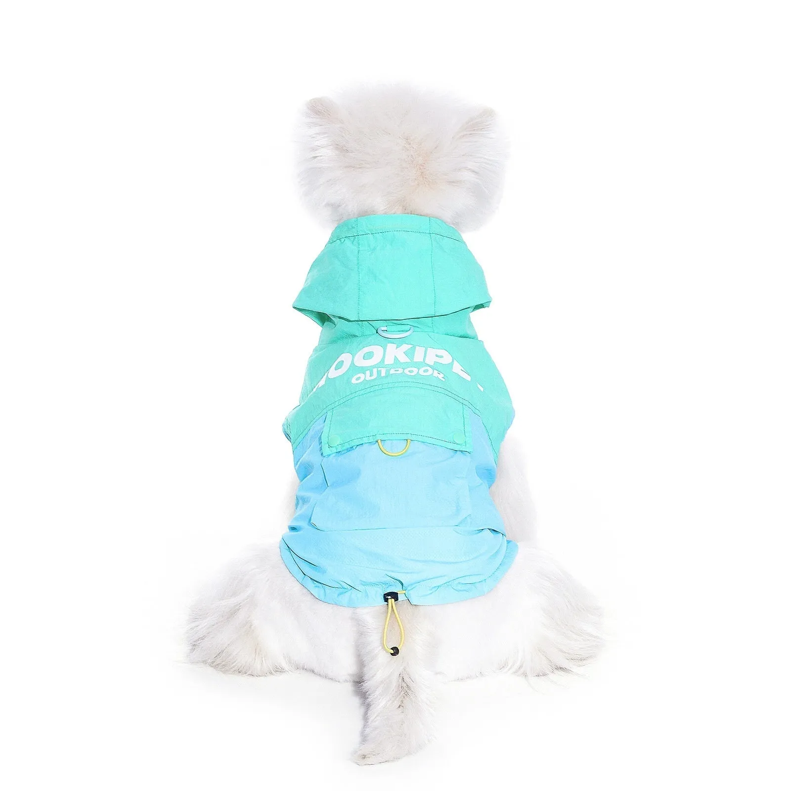 Mookipet 100% nylon dog sun protection vest in blue and green, side view showing traction point, for small dogs sizes XXS to XXL