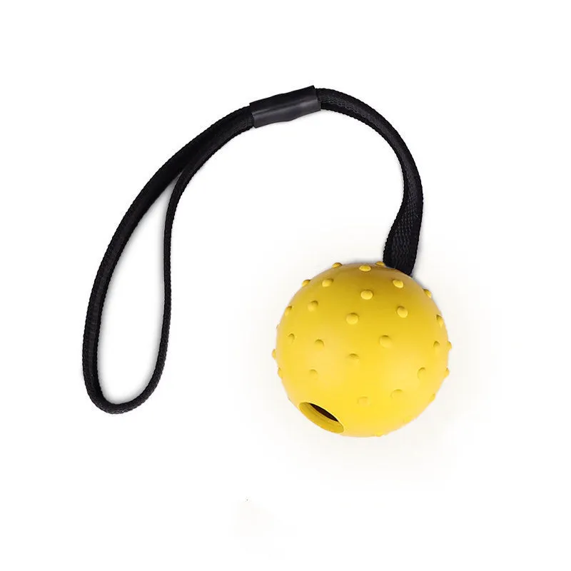 Dog training bite resistant rubber ball with rope in orange, size 6x30cm for medium dogs