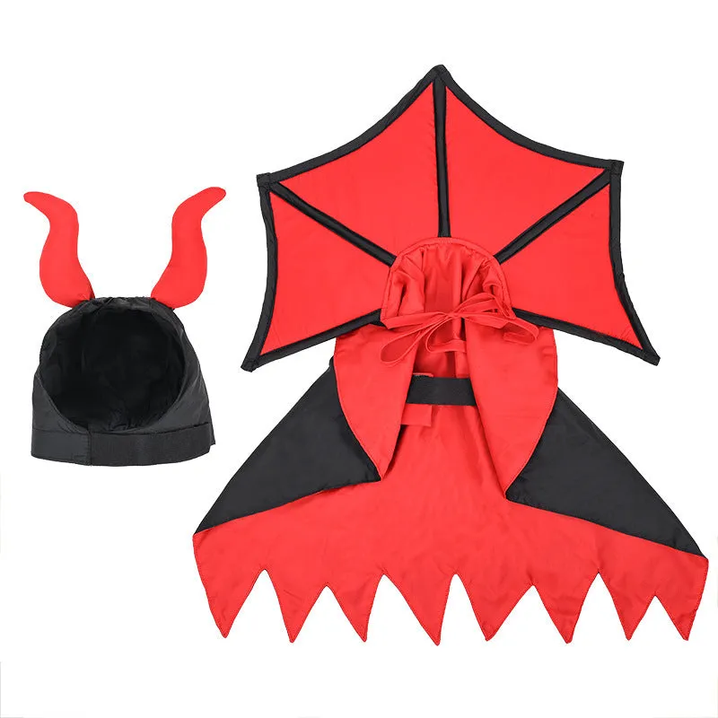 Black polyester vampire cloak and hat Halloween costume for a dog or cat on a white background.