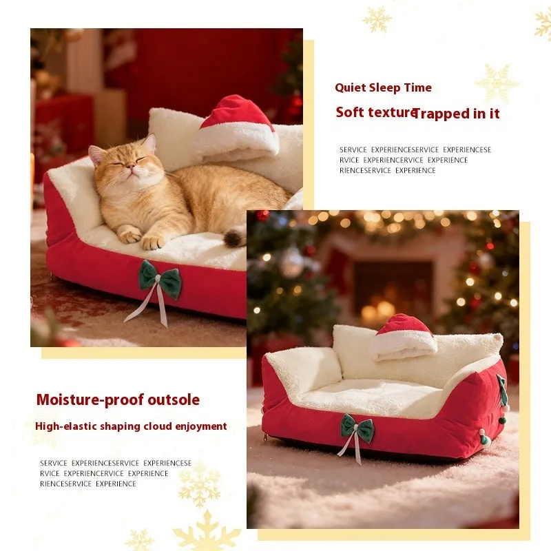 Flannel cat nest in red with removable washable cover, plus-sized variant, on floor