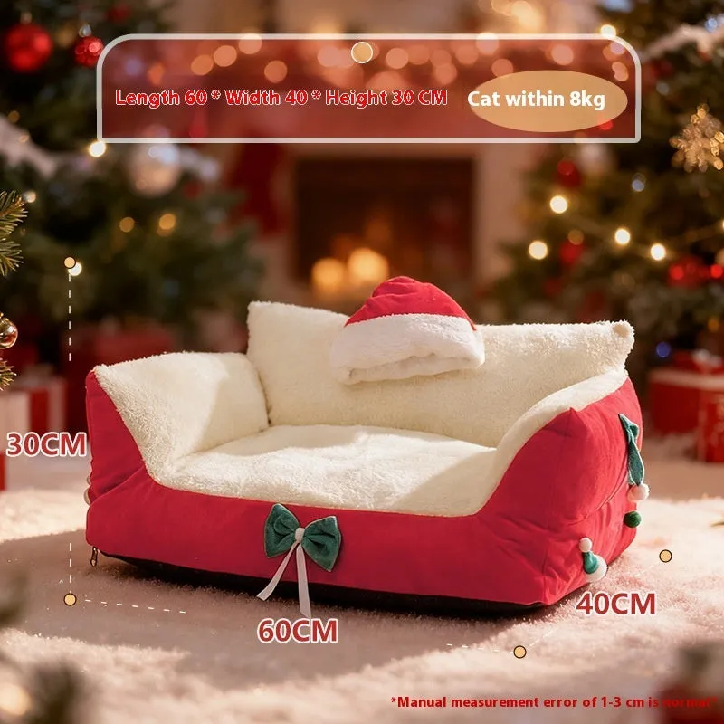 Flannel cat nest in red with removable washable cover, plus-sized variant, on floor