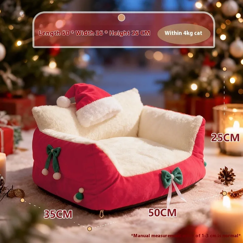 Flannel cat nest in red with removable washable cover, plus-sized variant, on floor