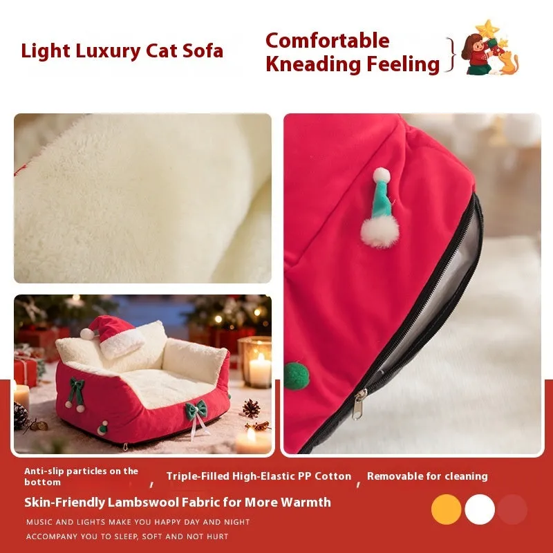 Flannel cat nest in red with removable washable cover, plus-sized variant, on floor