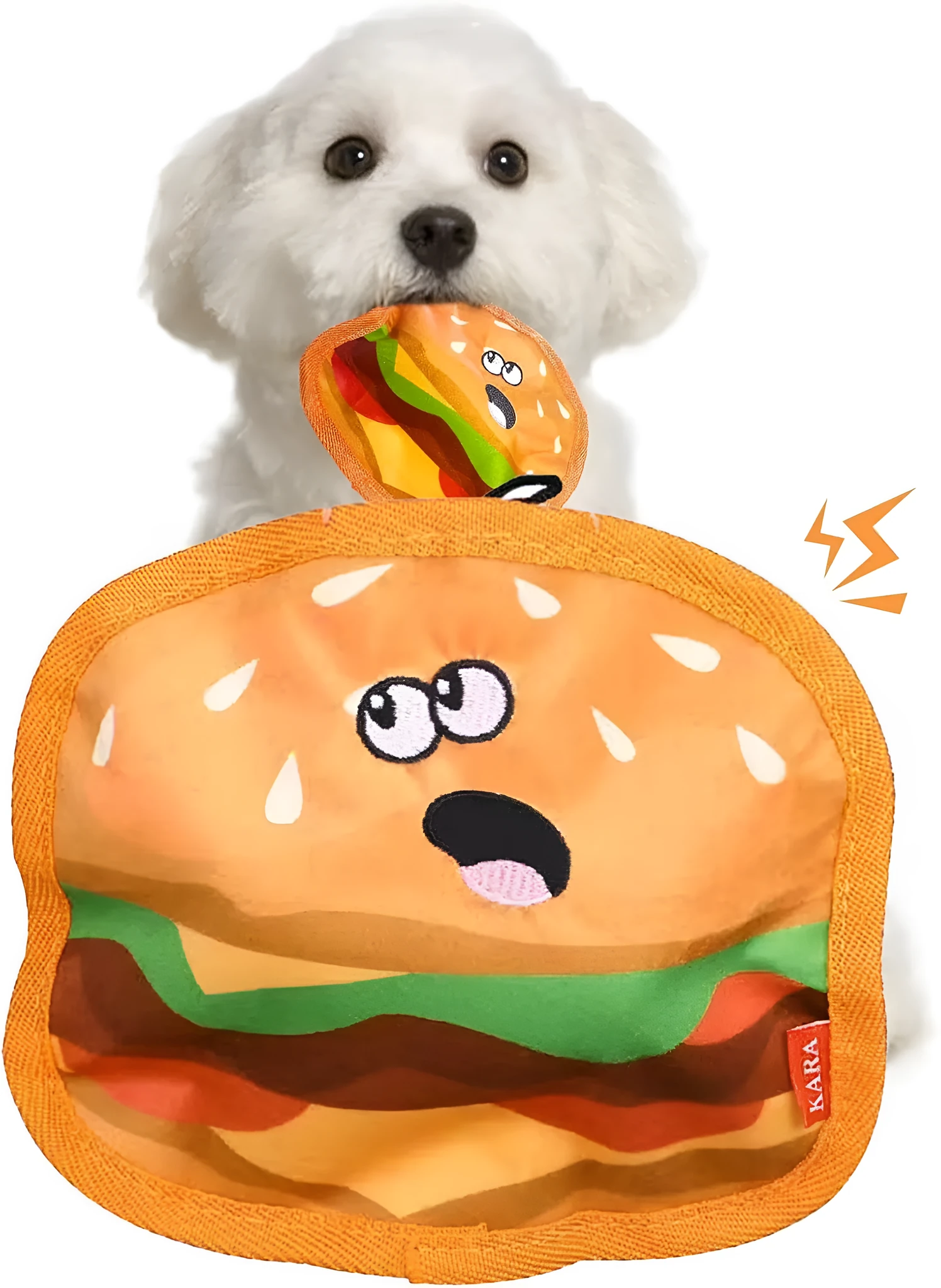 Set of four colourful fast-food shaped dog toys: hamburger, fries, hot dog, and pizza, featuring crinkle and squeak sounds.