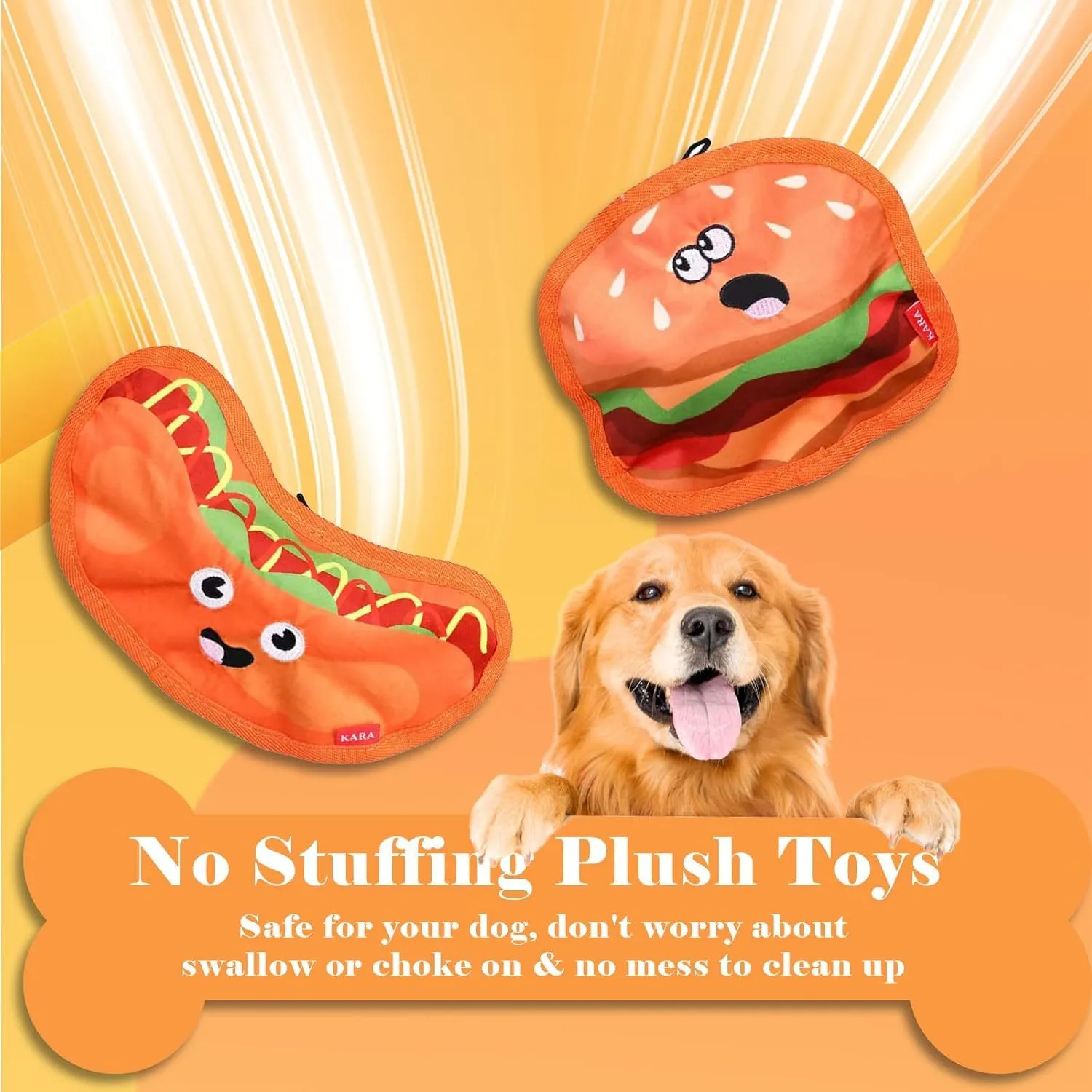 Set of four colourful fast-food shaped dog toys: hamburger, fries, hot dog, and pizza, featuring crinkle and squeak sounds.