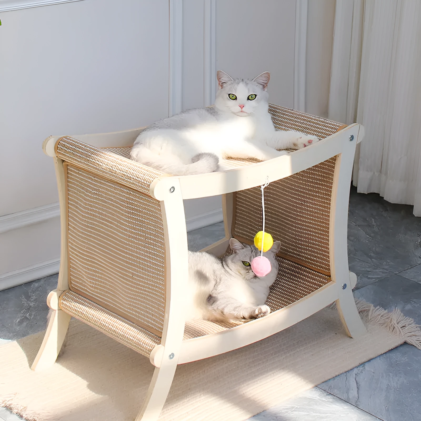 Large double-layer cat nest with solid wood frame and sisal scratch board on top, suitable for cage use