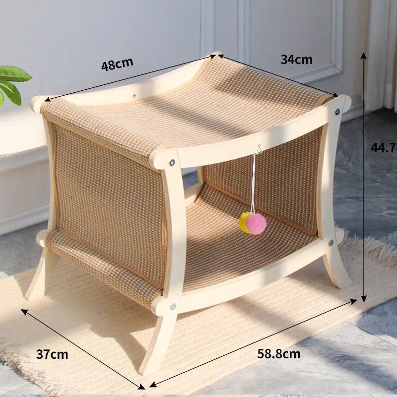 Large double-layer cat nest with solid wood frame and sisal scratch board on top, suitable for cage use