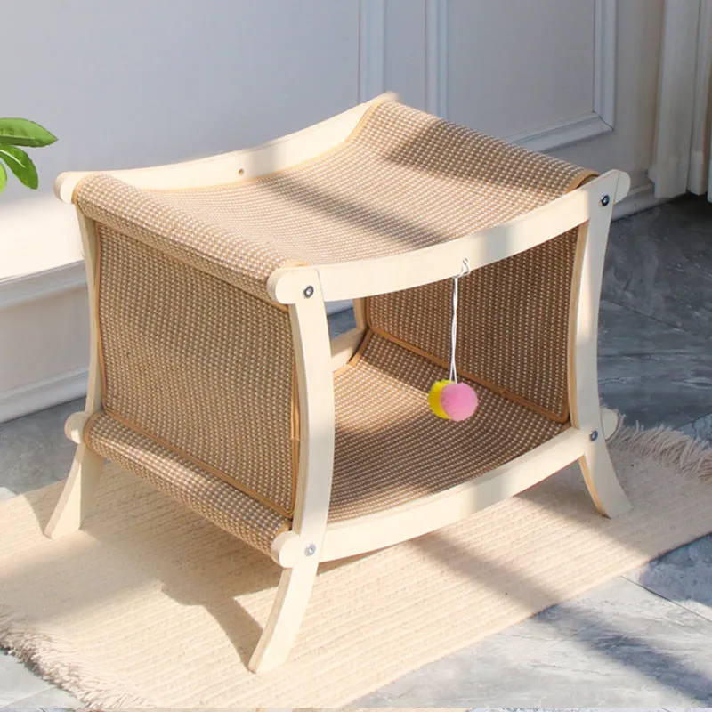Large double-layer cat nest with solid wood frame and sisal scratch board on top, suitable for cage use