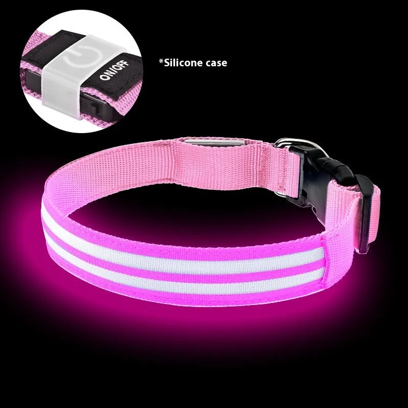 Shiny double fiber nylon dog collar with luminous mode, available in multiple colours and sizes S, M, L