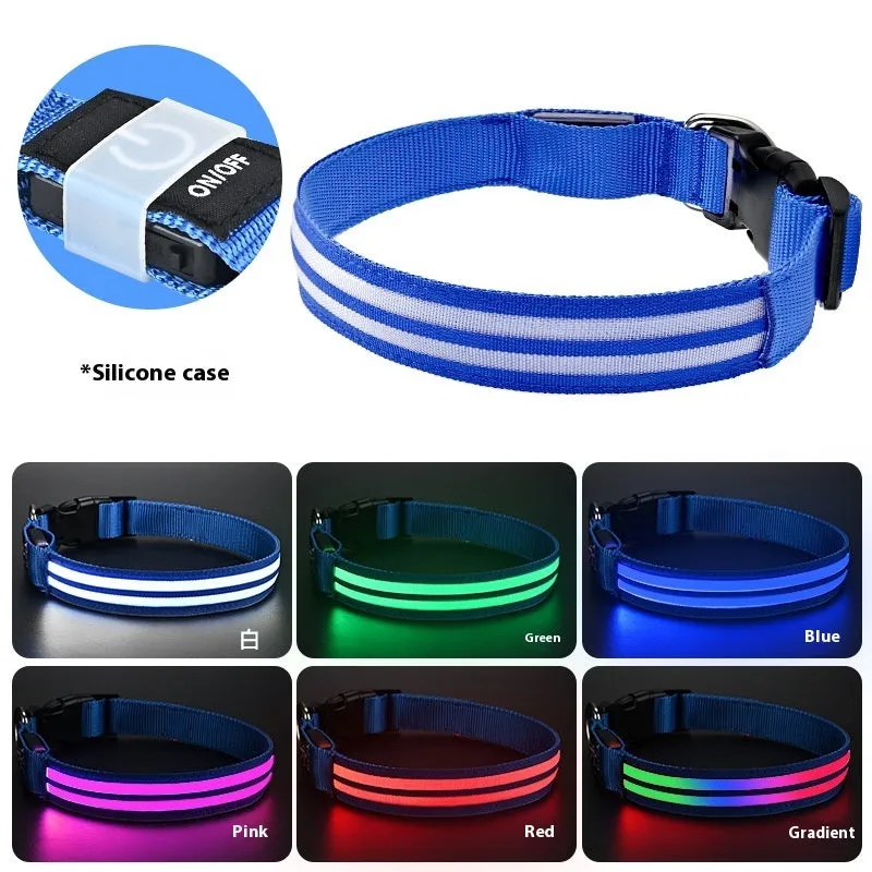 Shiny double fiber nylon dog collar with luminous mode, available in multiple colours and sizes S, M, L