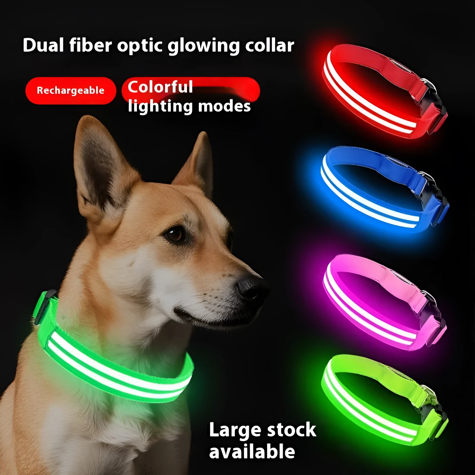 Shiny double fiber nylon dog collar with luminous mode, available in multiple colours and sizes S, M, L