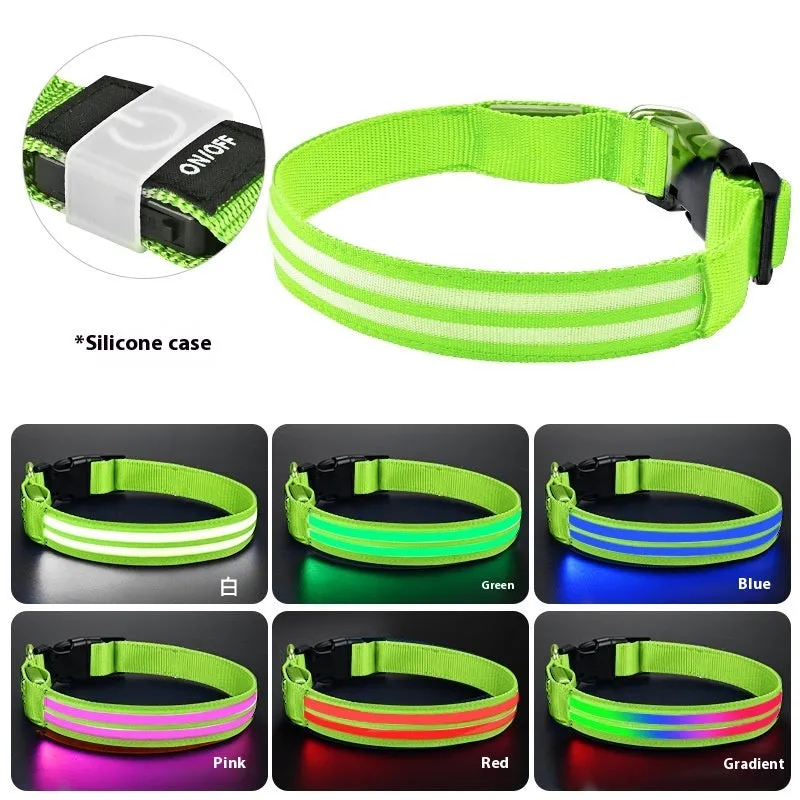 Shiny double fiber nylon dog collar with luminous mode, available in multiple colours and sizes S, M, L