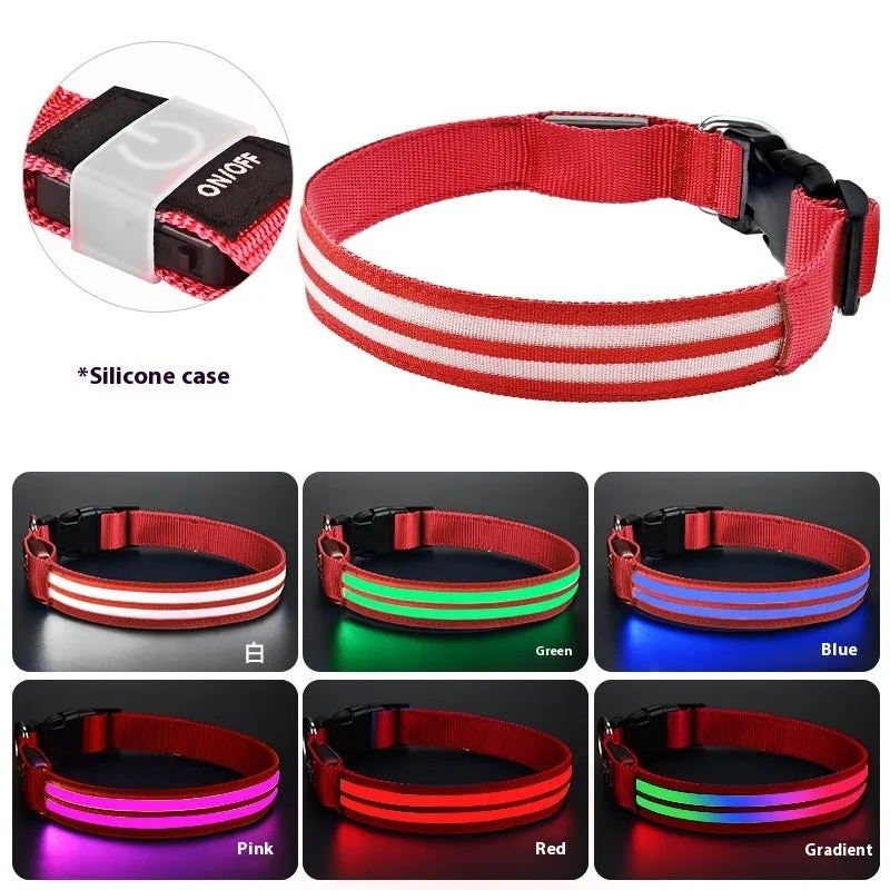 Shiny double fiber nylon dog collar with luminous mode, available in multiple colours and sizes S, M, L