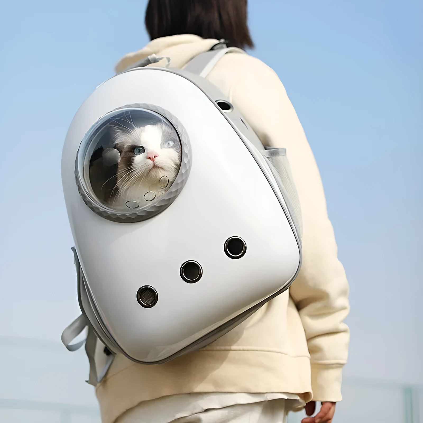 Grey acrylic mesh side open pet backpack for cats and small dogs up to 7.50kg