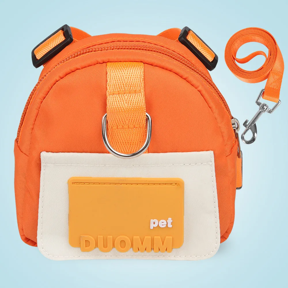 Blue adjustable dog backpack with snack storage bag and harness for hiking