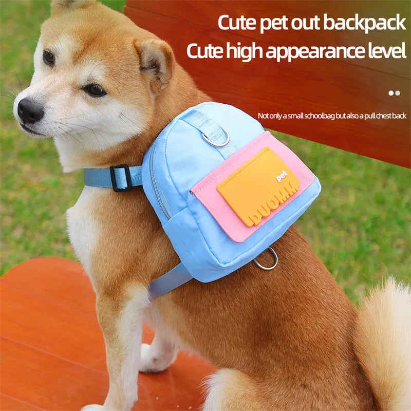 Blue adjustable dog backpack with snack storage bag and harness for hiking