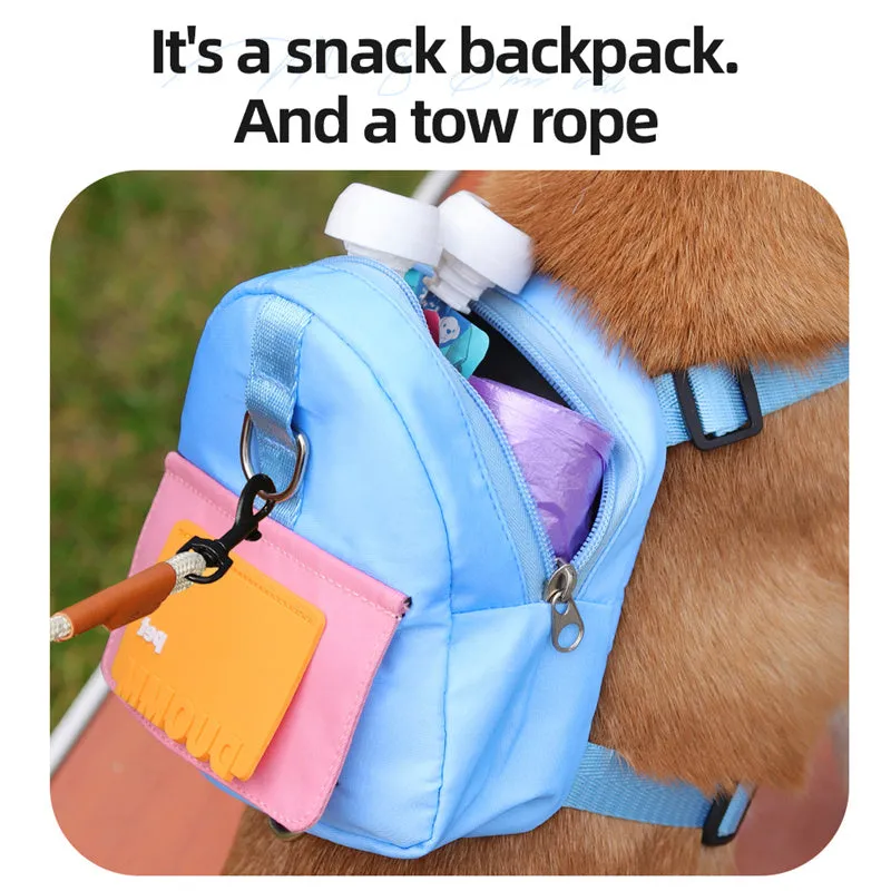 Blue adjustable dog backpack with snack storage bag and harness for hiking
