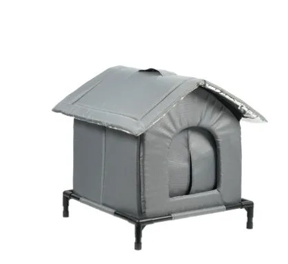 Gray cloth waterproof cat nest for stray cats with hanging bracket in outdoor winter setting