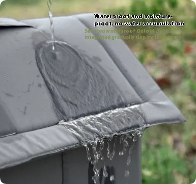 Gray cloth waterproof cat nest for stray cats with hanging bracket in outdoor winter setting