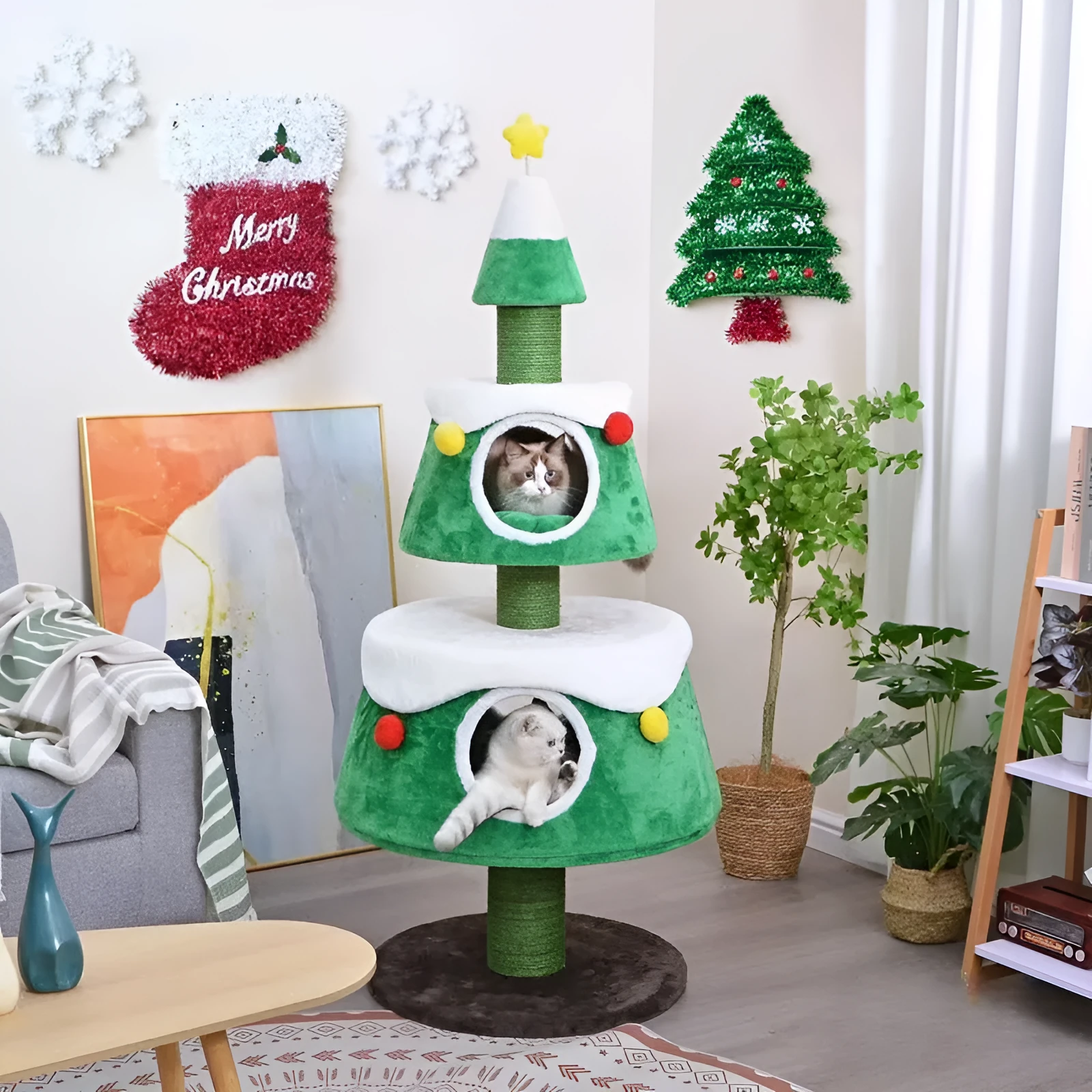 Green Christmas tree style oversized cat nest with sisal climbing frame for indoor cats