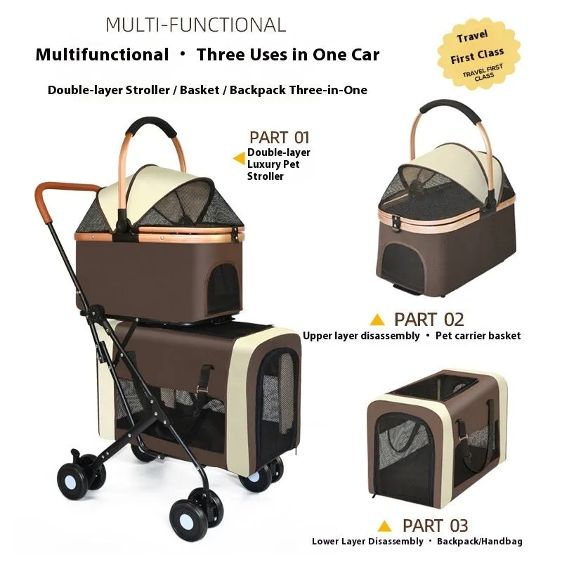 Double-layer portable pet stroller with metal frame in Army Green, suitable for two separated pets.