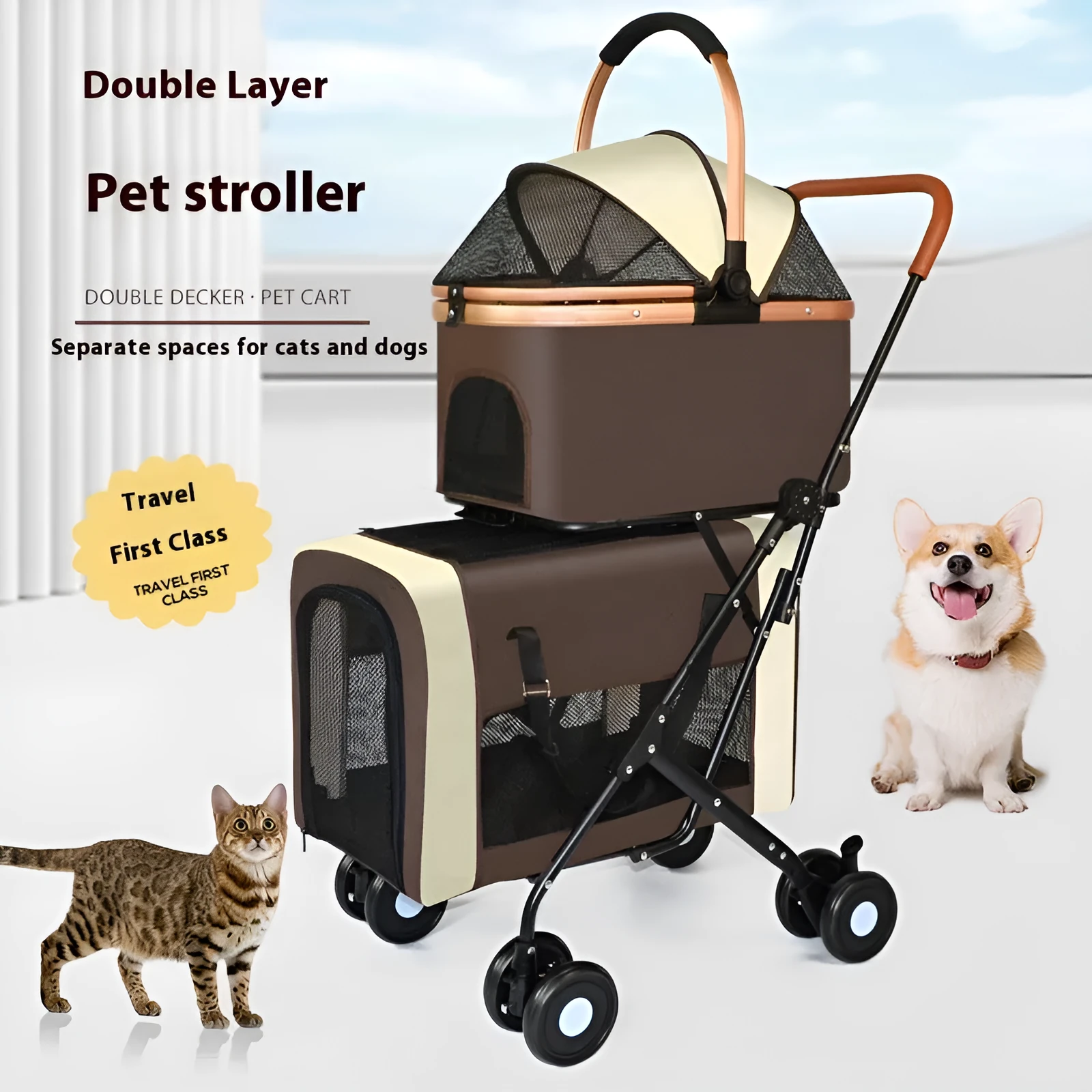 Double-layer portable pet stroller with metal frame in Army Green, suitable for two separated pets.