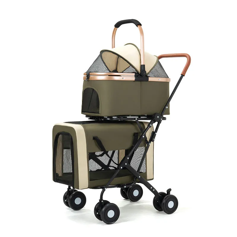 Double-layer portable pet stroller with metal frame in Army Green, suitable for two separated pets.