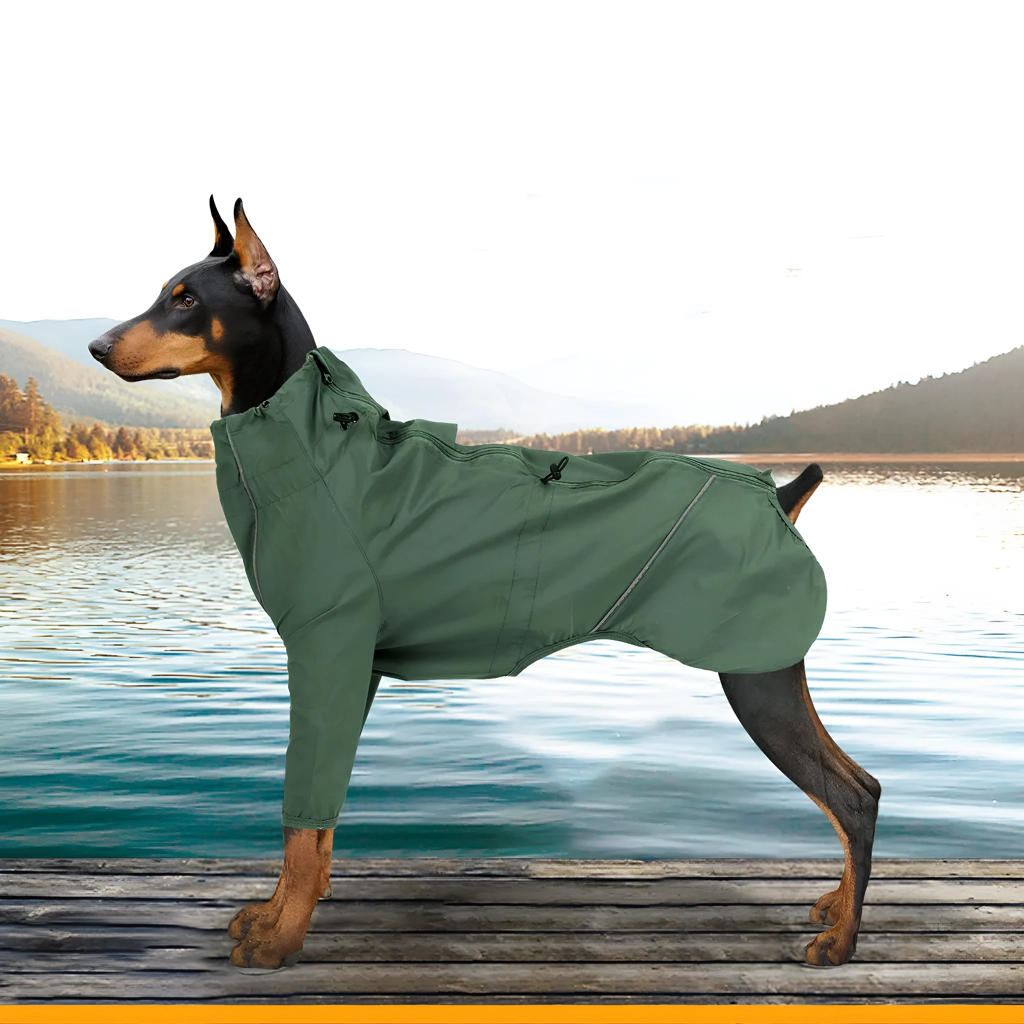 Dog wearing a military green acrylic raincoat with reflective trim and traction hole for lead attachment