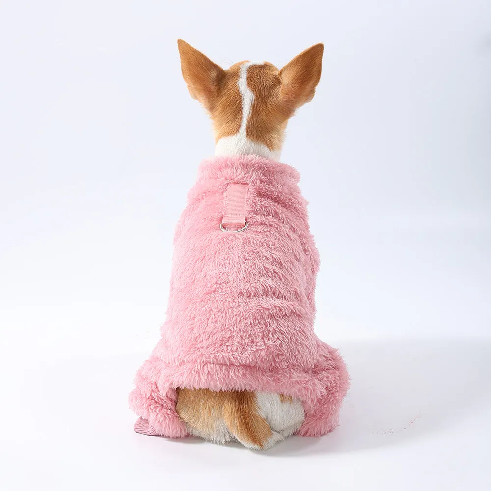 Polyester solid colour pet jacket with fur trim in gray, front view, size M