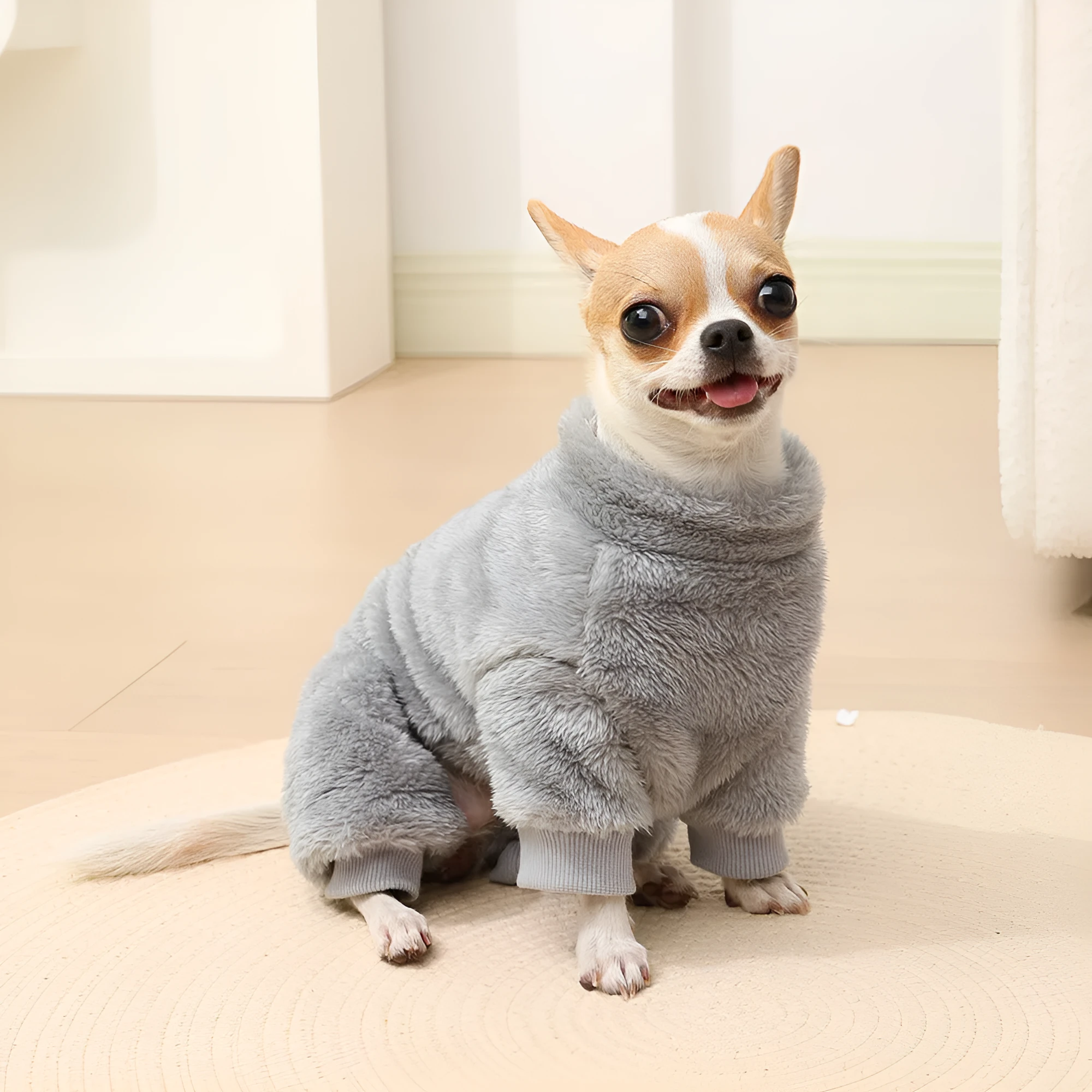 Polyester solid colour pet jacket with fur trim in gray, front view, size M