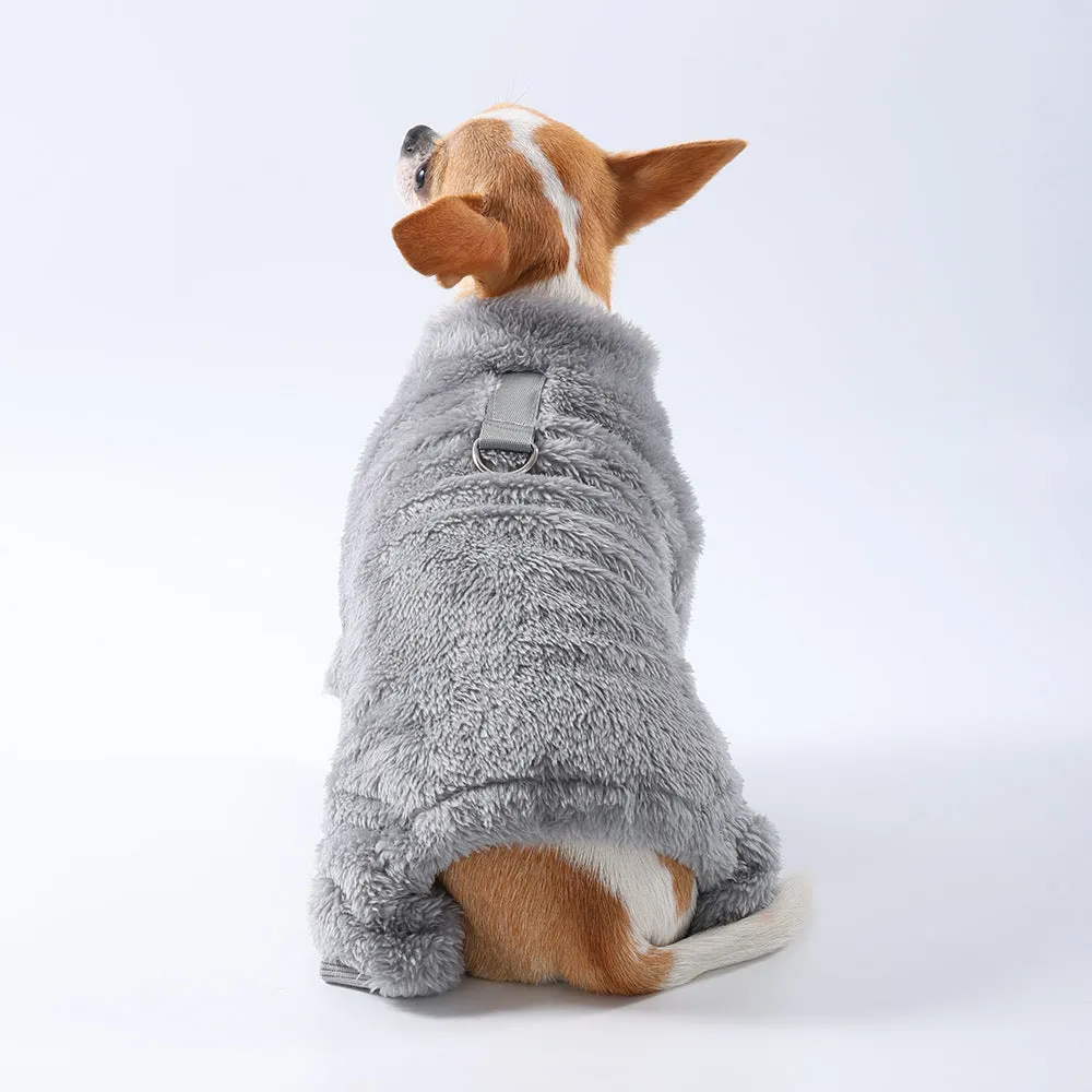 Polyester solid colour pet jacket with fur trim in gray, front view, size M