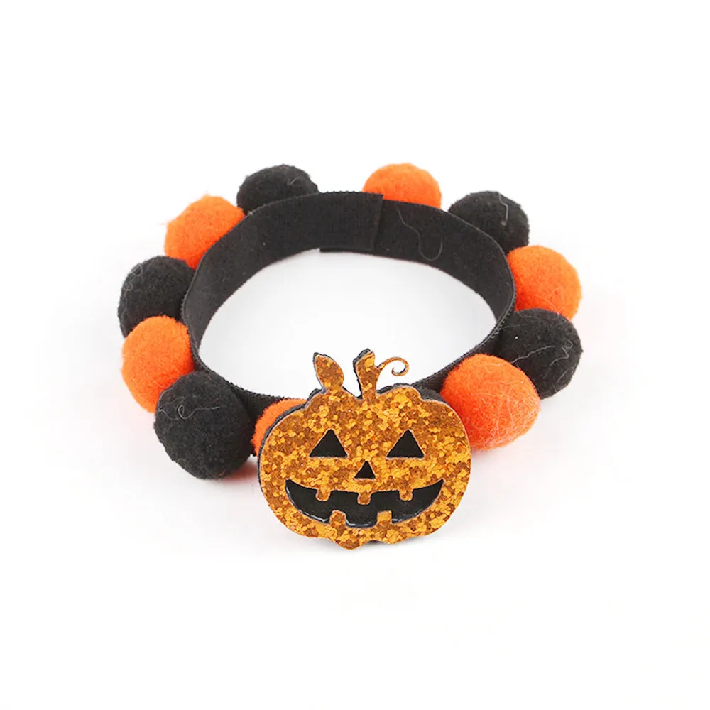 Halloween pet fur ball collar with pumpkin pirate skull witch decorations in S M L sizes