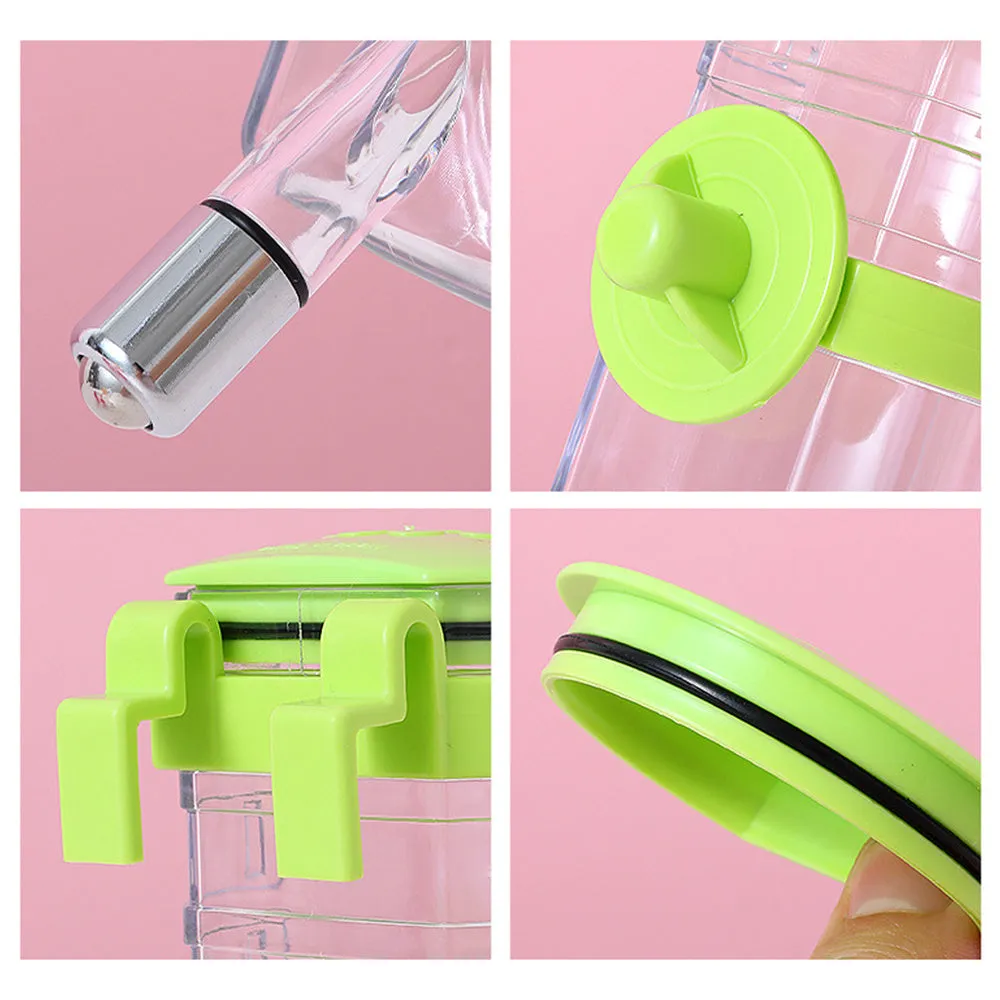 No drip dog kennel water bottle dispenser with dripless nozzle, hanging in a crate, available in blue, green, pink, and yellow
