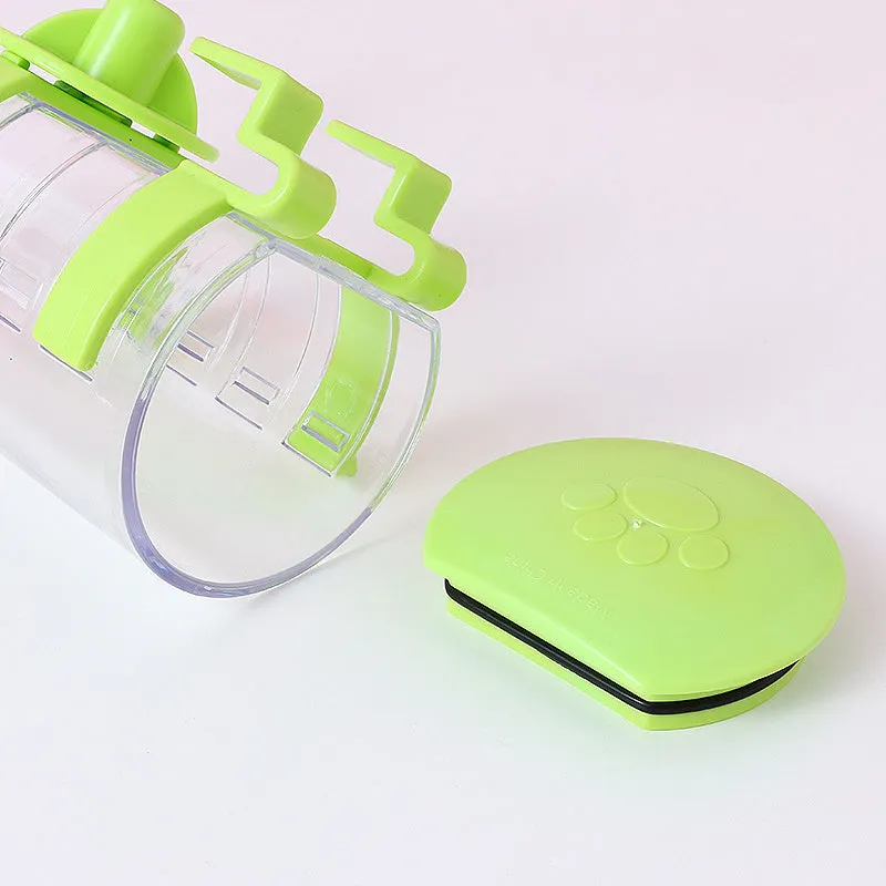 No drip dog kennel water bottle dispenser with dripless nozzle, hanging in a crate, available in blue, green, pink, and yellow
