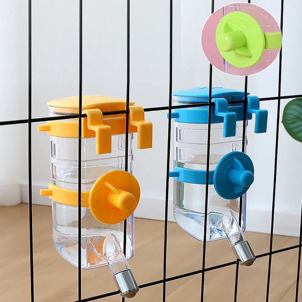 No drip dog kennel water bottle dispenser with dripless nozzle, hanging in a crate, available in blue, green, pink, and yellow