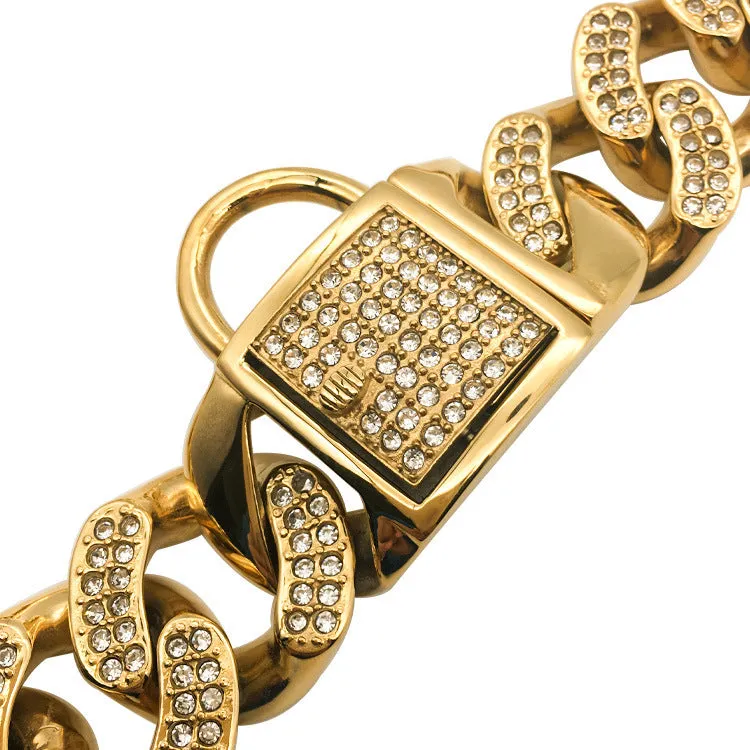 Adjustable stainless steel dog collar with diamond buckle in gold finish on white background