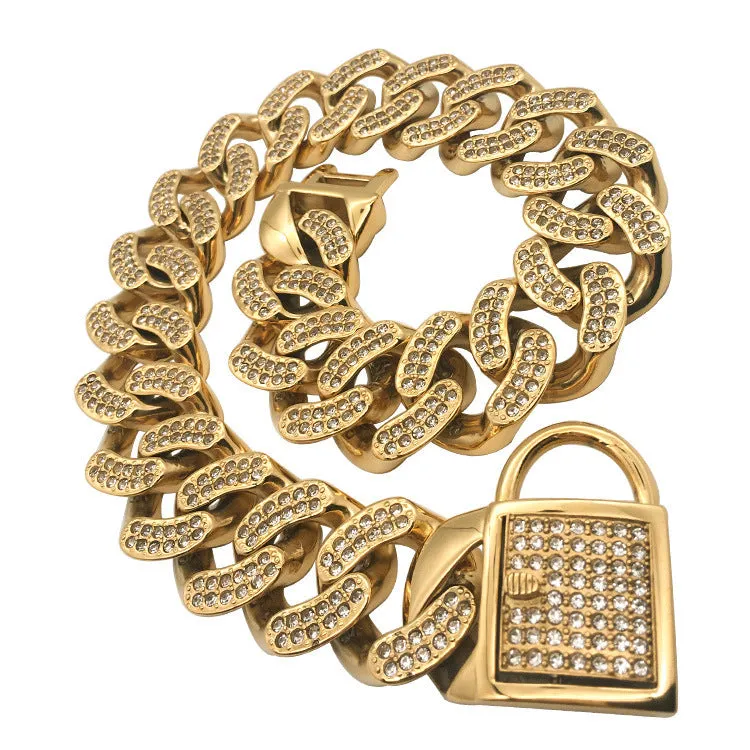 Adjustable stainless steel dog collar with diamond buckle in gold finish on white background