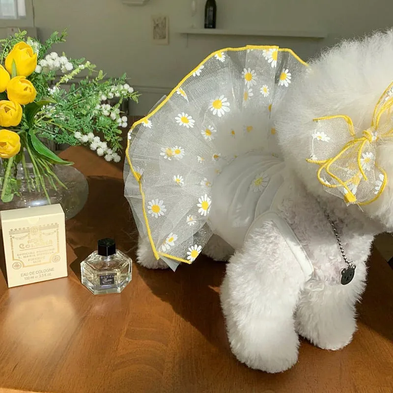 Yellow daisy pattern polyester dog clothes for summer in sizes XS to XL
