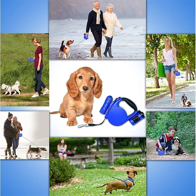 4.5m retractable dog lead with LED light and waste bag dispenser, black, ABS and nylon construction