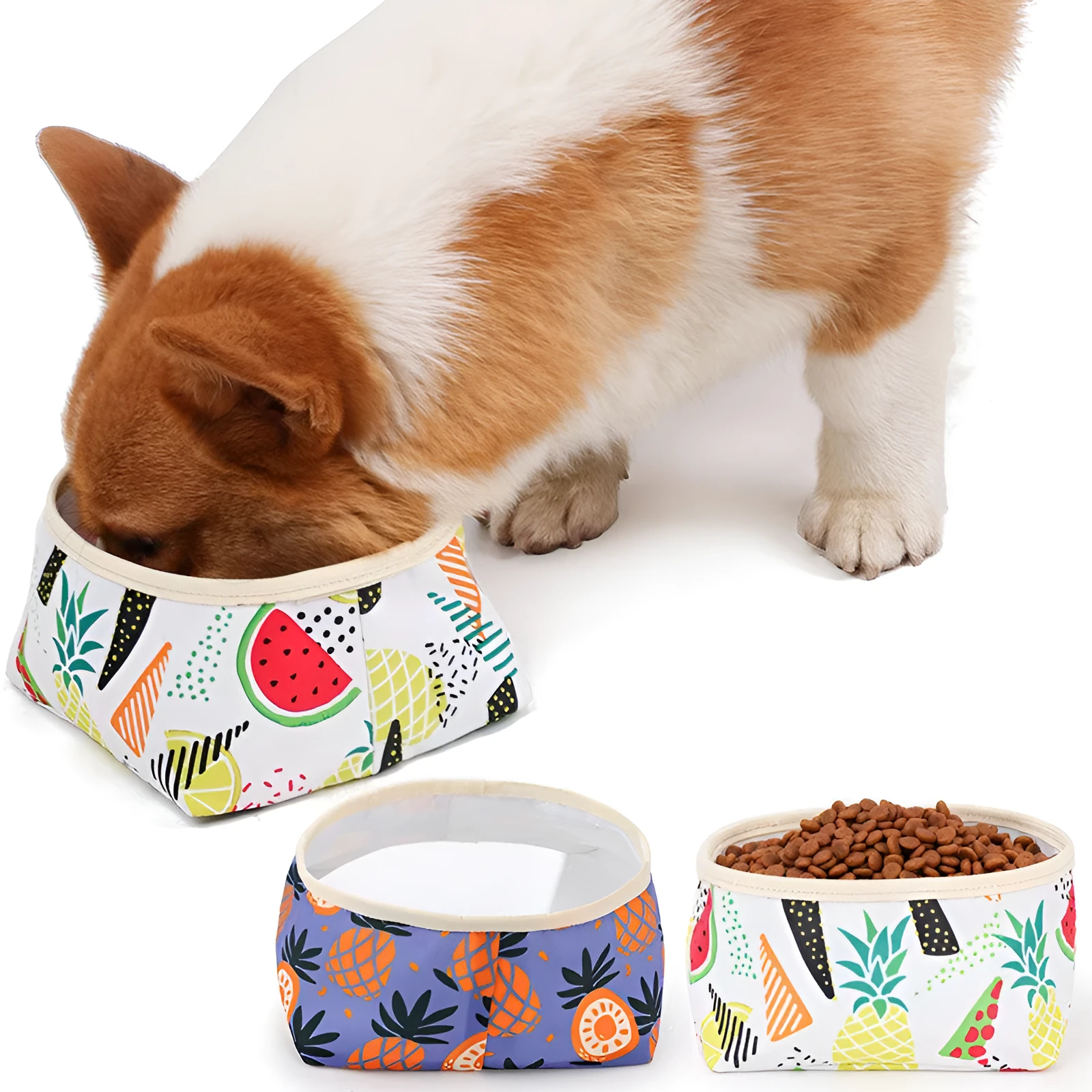 Waterproof foldable dog food bowl in purple polyester and PEVA material on a flat surface