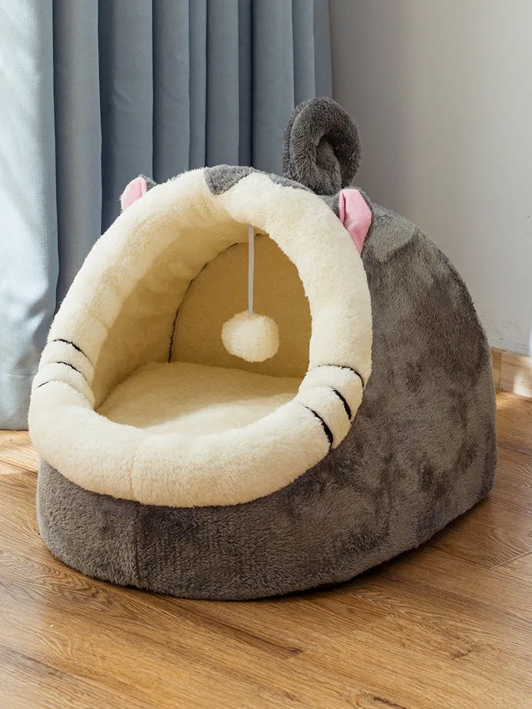 Washable pet kennel bed in brown leopard pattern, size M, on a wooden floor, showing non-slip bottom and removable cover.