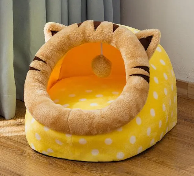 Washable pet kennel bed in brown leopard pattern, size M, on a wooden floor, showing non-slip bottom and removable cover.