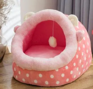 Washable pet kennel bed in brown leopard pattern, size M, on a wooden floor, showing non-slip bottom and removable cover.