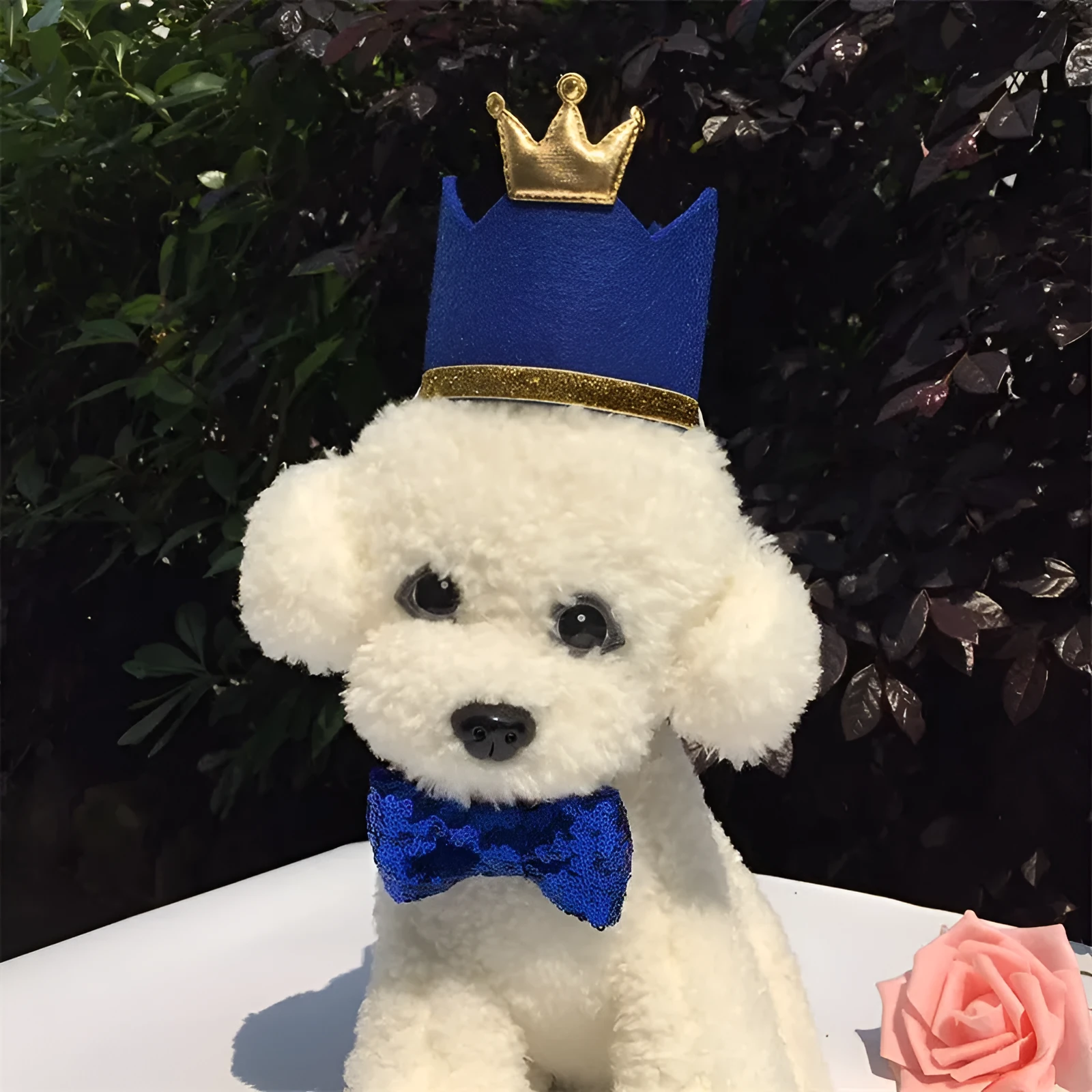 Blue non-woven pet birthday crown and bow set with 9.5cm diameter crown and 8cm bow