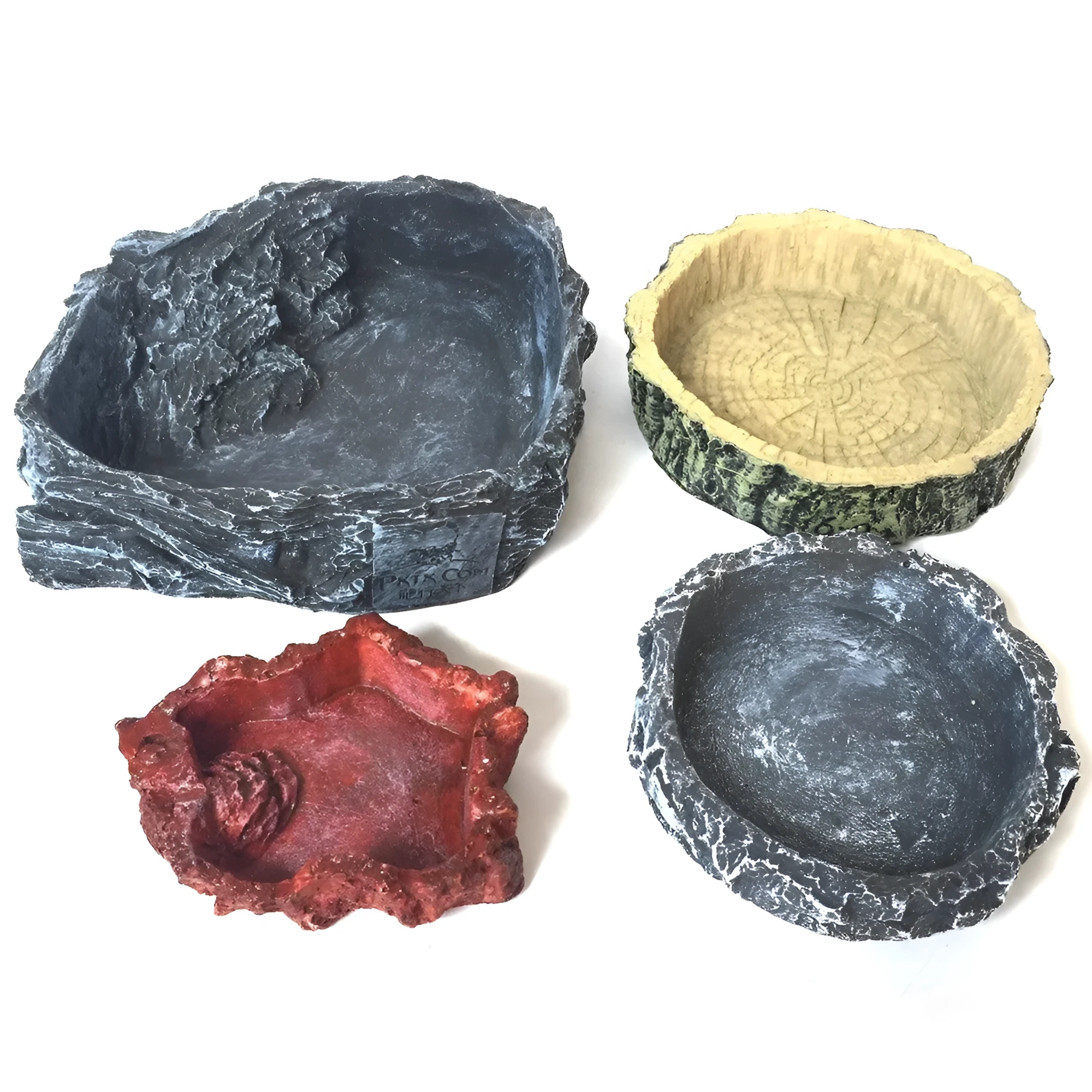 Pet feeding bowl set with four sizes including snack bowl wood pattern bowl grey basin and large food bowl in light red colour