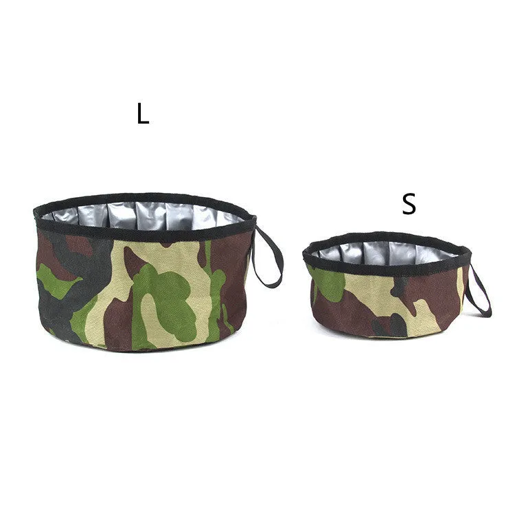 Oxford cloth portable folding dog bowl in camouflage green with round shape for outdoor use