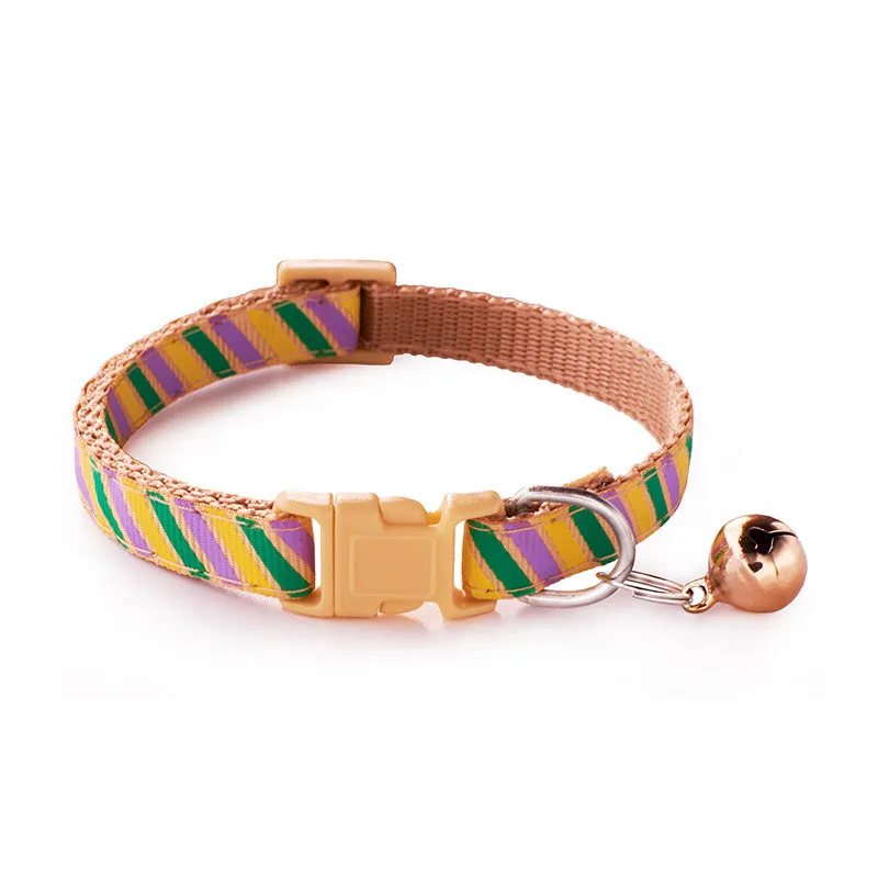 Twill printed cloth pet collar with bell, 1.0cm wide, adjustable 19-32cm, available in blue, orange, pink, purple, red, yellow