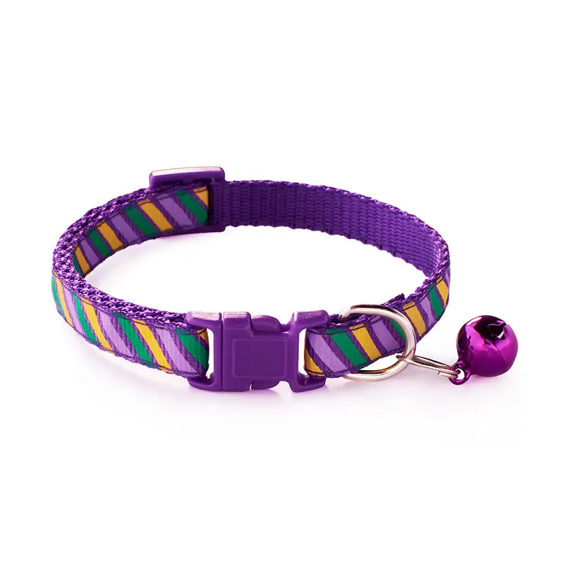 Twill printed cloth pet collar with bell, 1.0cm wide, adjustable 19-32cm, available in blue, orange, pink, purple, red, yellow